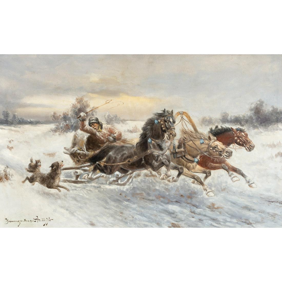 Attributed to Adolf Baumgartner, Man on Sleigh with Wolves. (1 of 4)