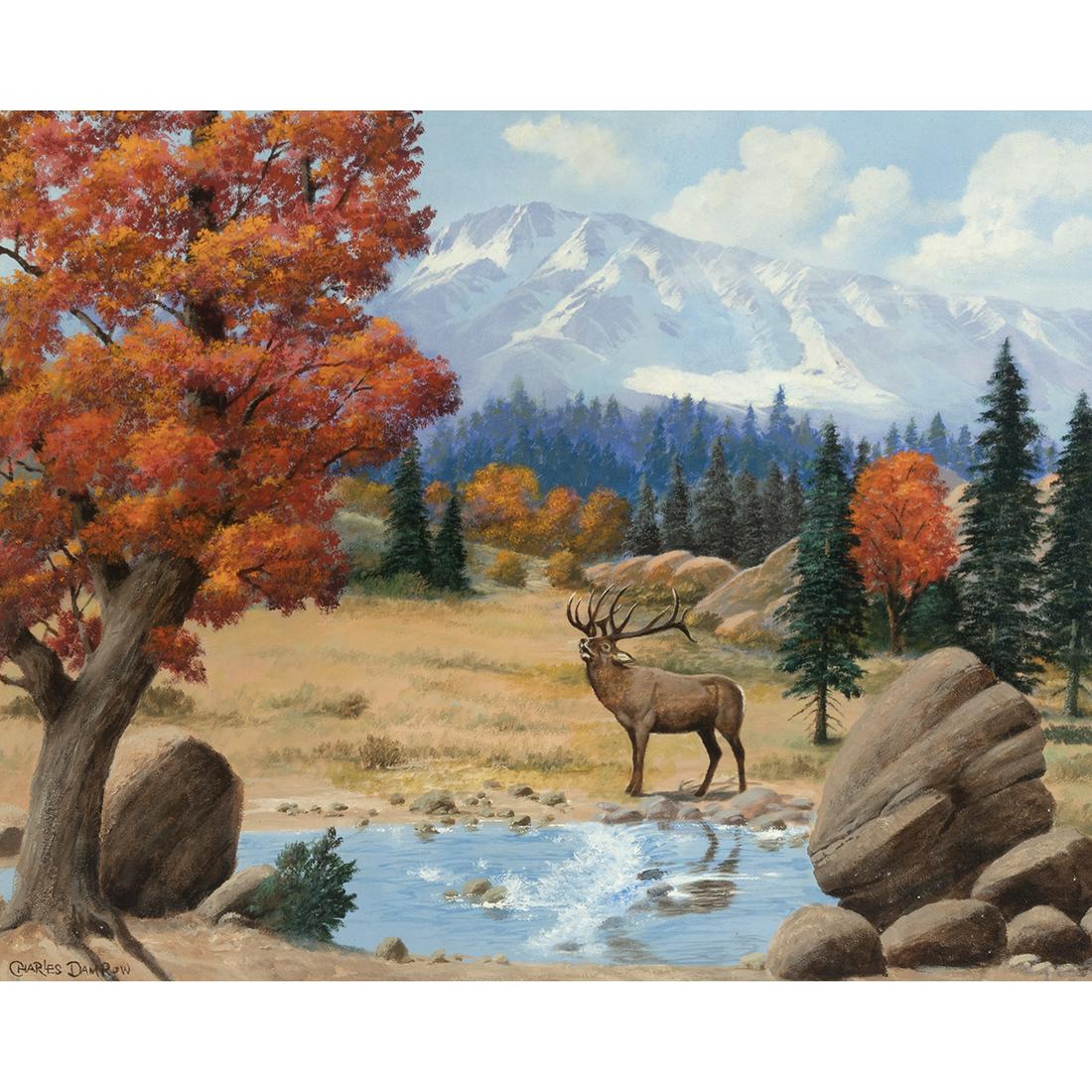 Charles Damrow, Elk in Mountains, oil on board: CHARLES DAMROW (American, 1916-1989), "Elk in Autumn Mountains," (approximate dimensions - board: 24 x 30 inches); oil on board, signed lower left, artist's bio on label; and titled, named, and proven