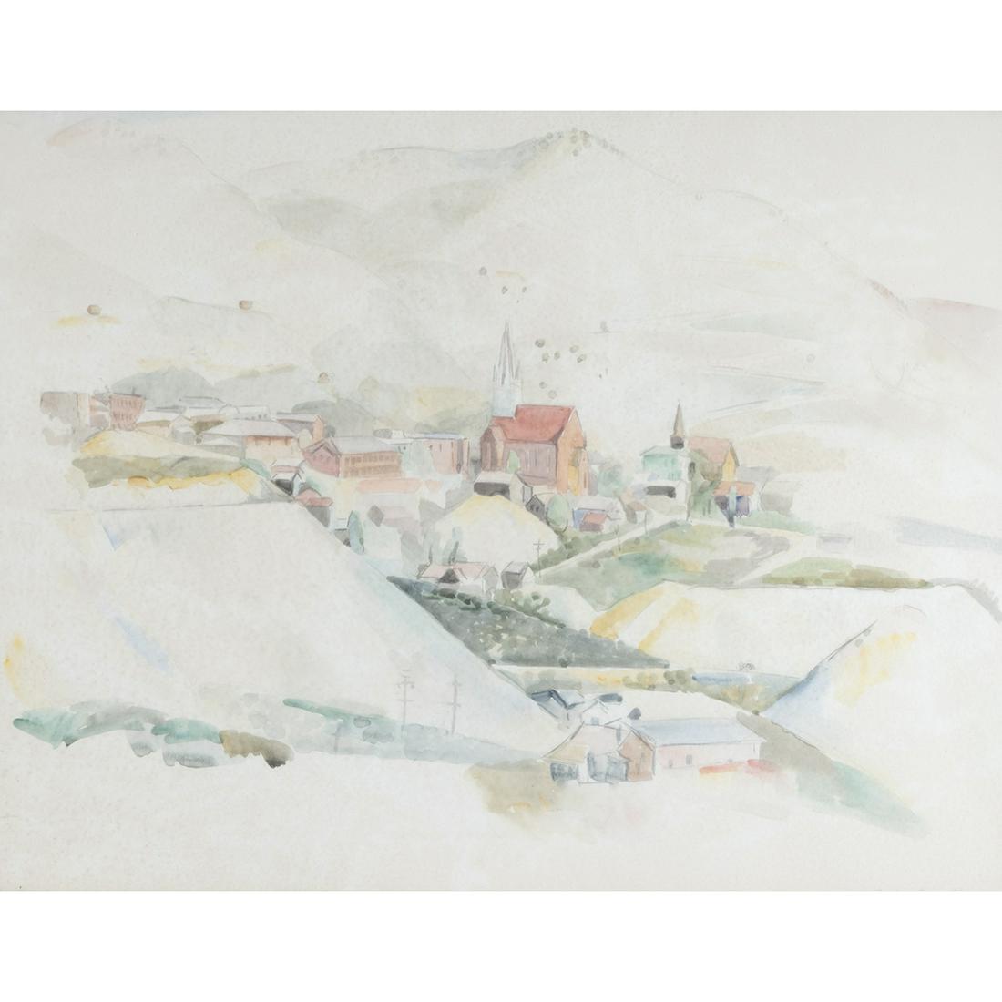 William Alexander Gaw, Village Scene, watercolor: WILLIAM ALEXANDER GAW (American, 1891-1973), Village Scene, 1941, watercolor on paper, (approximate dimensions - paper (sight): 28 x 33.75 inches); signed and dated on lower right. Notes: Frame has we