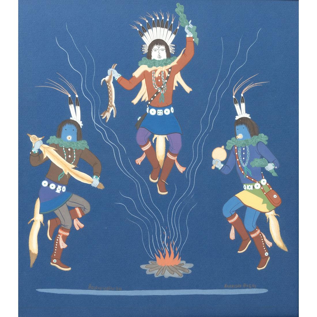 Harrison Begay, Yei of Nightway Ceremony, casein: HARRISON (Haskay Yahne Yah) BEGAY (American, 1917-2012), "Yei (God) of Nightway Ceremony," casein on board, (approximate dimensions - board (sight): 18 x 16 inches); signed at bottom, written verso: "