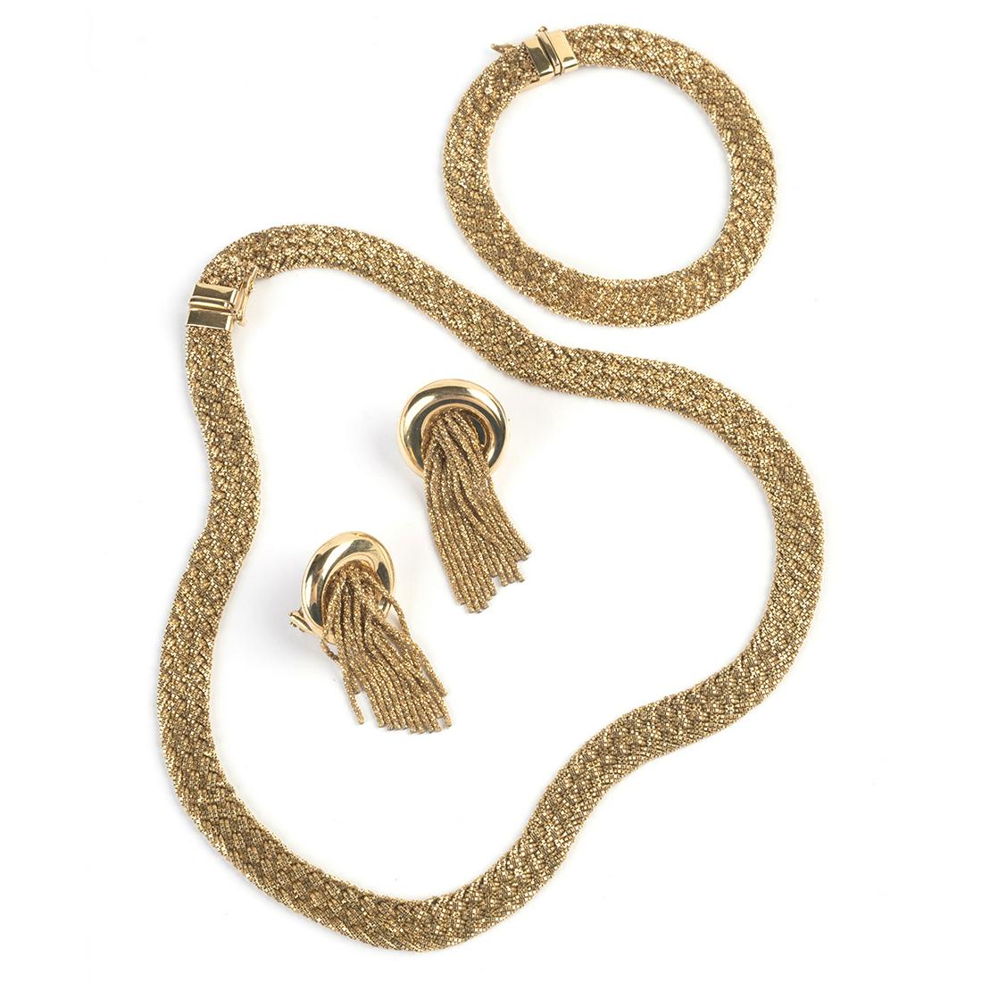 14k Yellow Gold Jewelry.: 14k Yellow Gold Jewelry Suite. Including one pair of Yuri Ichihashi 14k yellow gold tassel earrings measuring approximately 39 mm in length; one 14k yellow gold braided link, 16 inch necklace together
