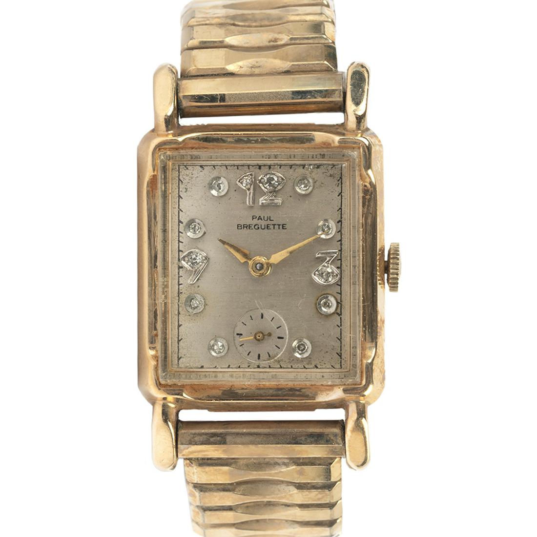 Paul Breguette 14k Yellow Gold, Gold-Filled Wristwatch.: Paul Breguette 14k Yellow Gold, Gold-Filled Wristwatch. DIAL: Rectangle, silver, diamond and Arabic numeral hour markers, black outer minutes track, sunken subsidiary seconds dial at 6 o'clock, gold d