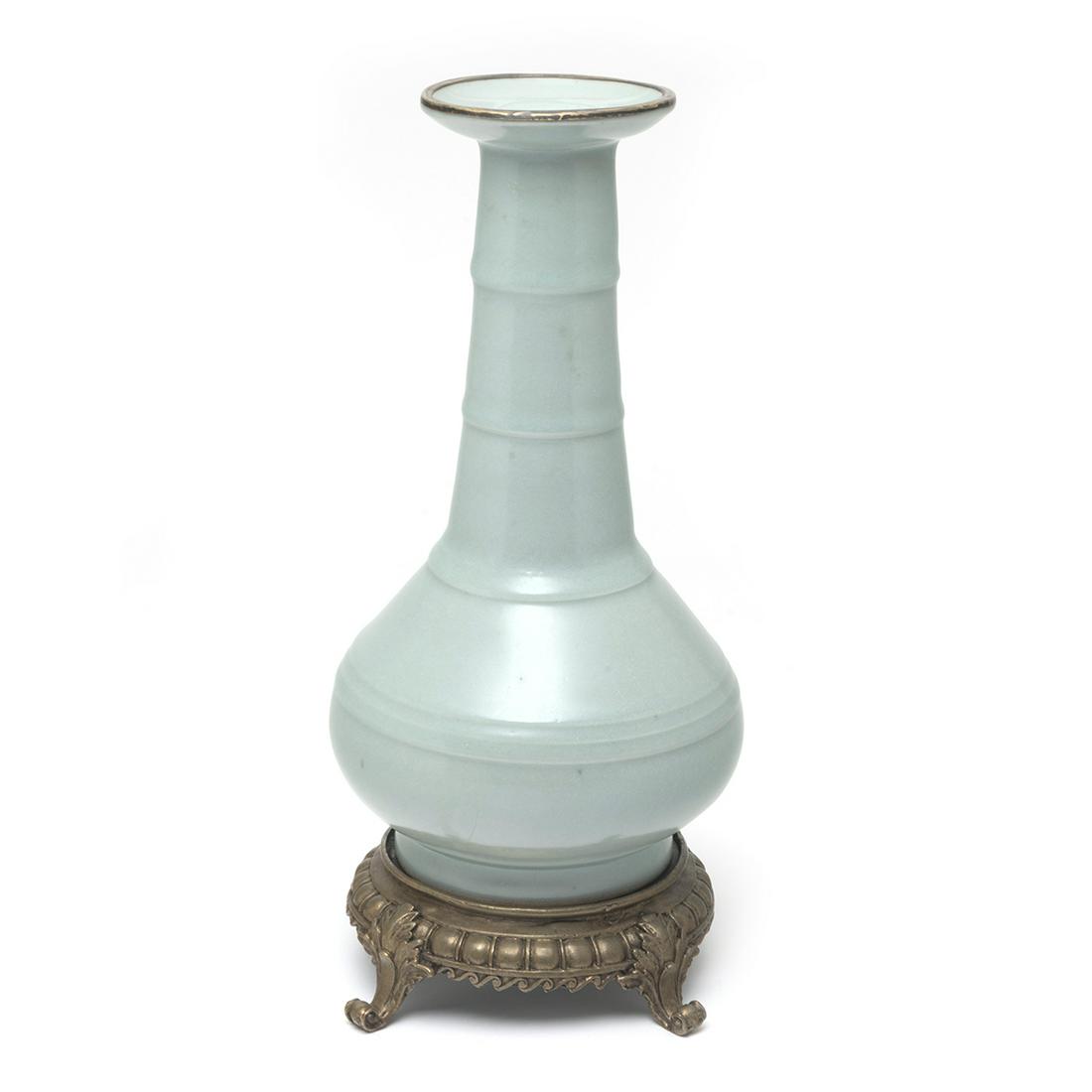 Chinese Rare Longquan 'Bamboo Neck' Vase, Bronze Stand (1 of 3)