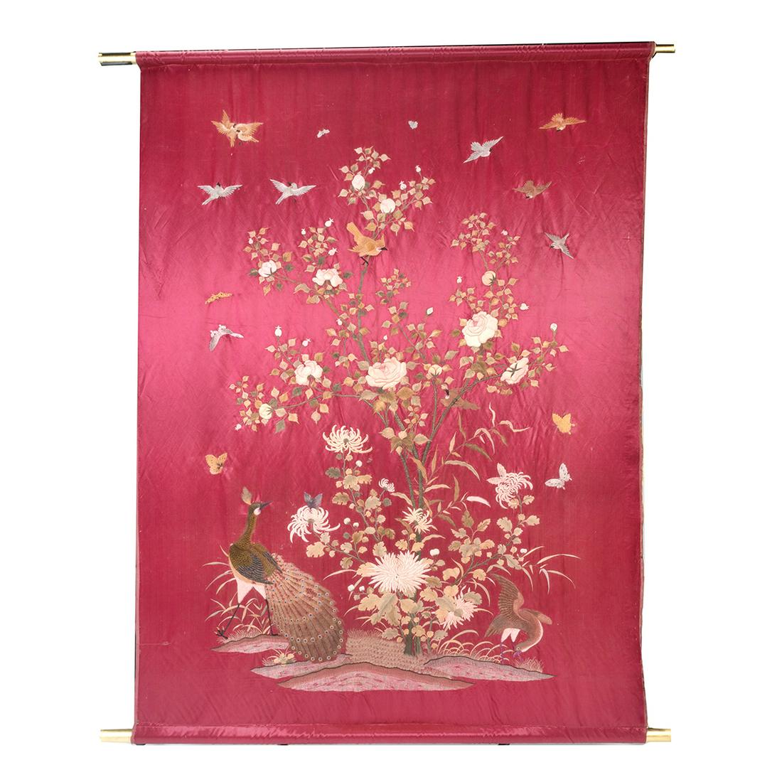 Chinese Red Ground 'Birds and Flowers' Panel (1 of 8)