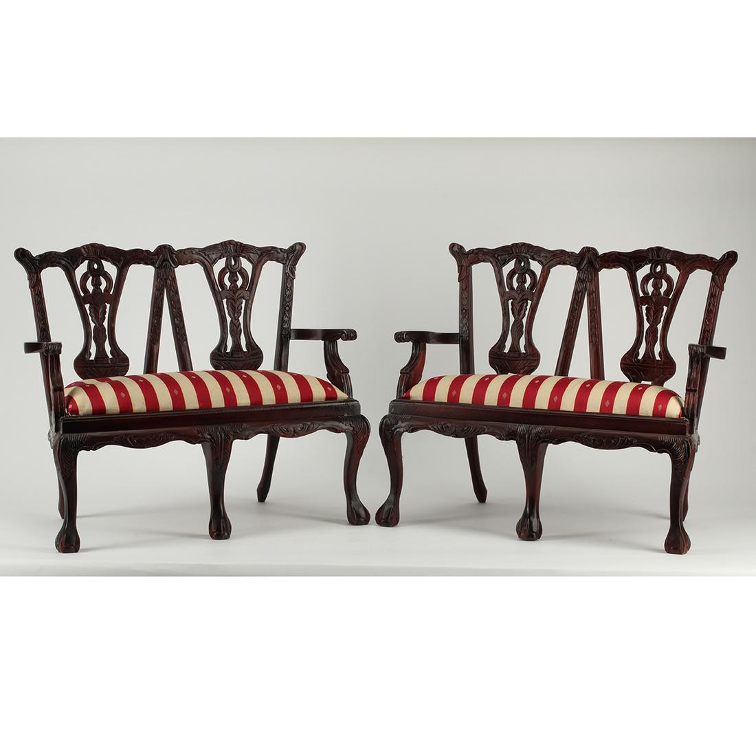 Pair of English Miniature Settees in Chippendale Style: Pair of English Miniature Settees in the Chippendale Style. Red and white striped upholstered seats. {Approximate dimensions: 20 high x 23 1/2 wide x 11 1/2 inches deep.}. Condition: Light wear overal
