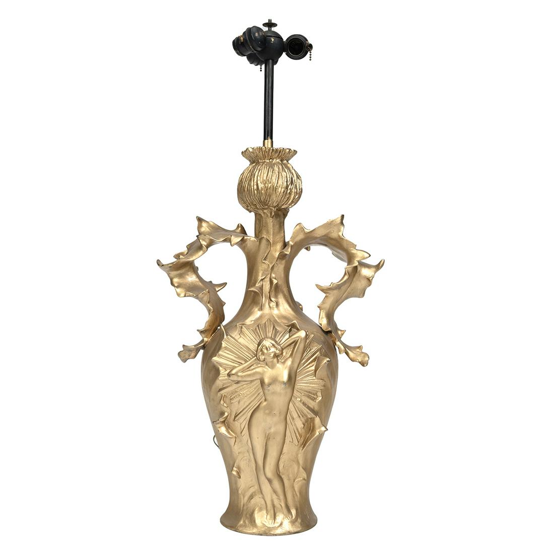 Art Nouveau Gilt Metal Thistle Motif Lamp Signed Causse: Art Nouveau Gilt Metal Thistle Motif Lamp Signed Causse. Julien Causse (French, 1869-1929); three light, gilt finish, female figures to both sides. Base inscribed with 'J Causse'. {Approximate dimensi