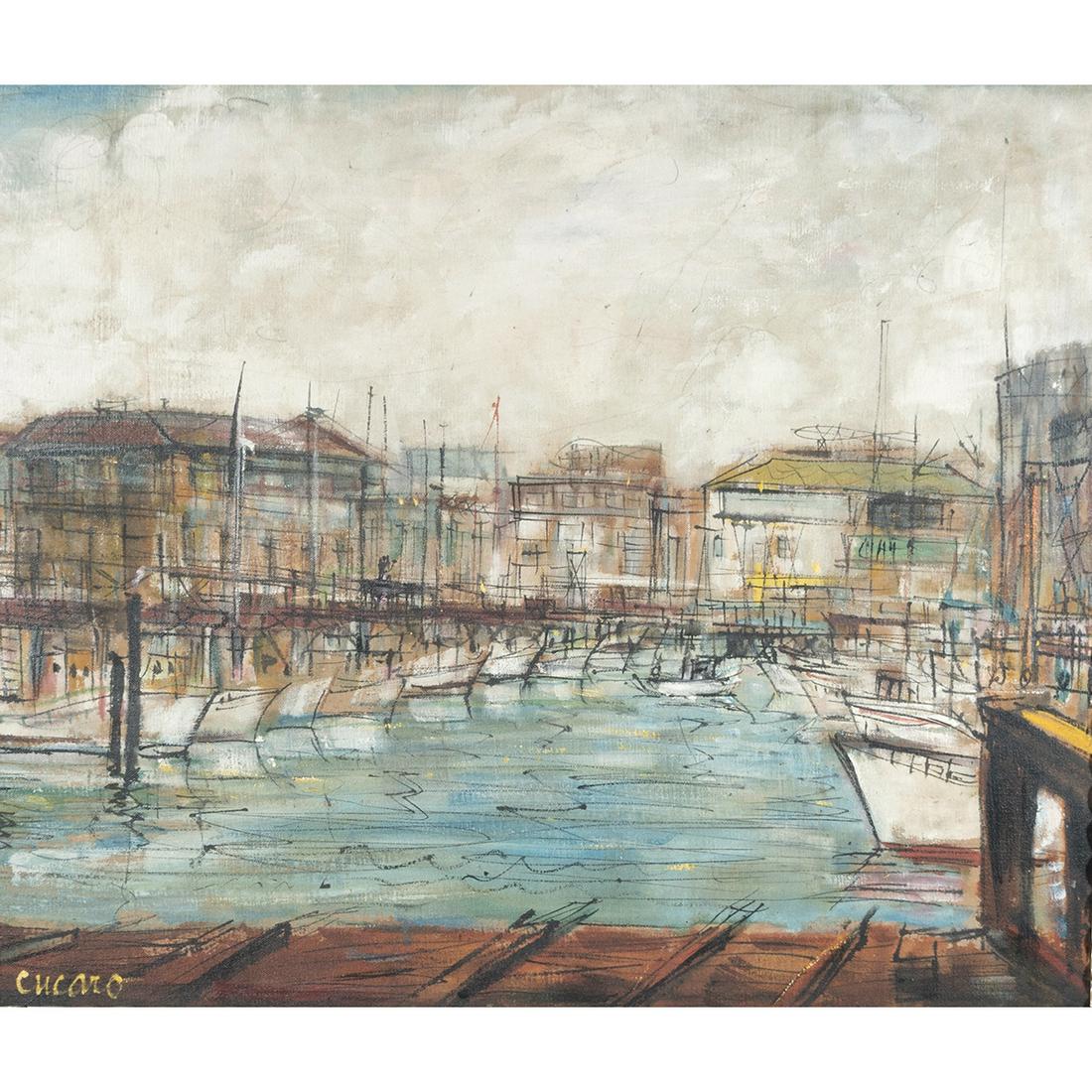 Pascal Cucaro, Harbor Scene, oil on canvas: PASCAL CUCARO (American, 1915-2004), Harbor Scene, oil on canvas, (approximate dimensions - canvas: 24 x 28 inches); signed lower left. Condition: Surface dirt around the edges. Notes: Frame has wear,