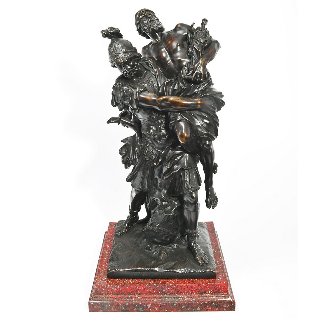 After Pierre LePautre, Aeneas Carrying His Father: After PIERRE LEPAULTRE (French, 1660-1744), Aeneas Carrying His Father Anchises, 1691, patinated bronze sculpture atop a base, (approximate dimensions - bronze: 22 x 9 x 10 inches), inscribed head sta