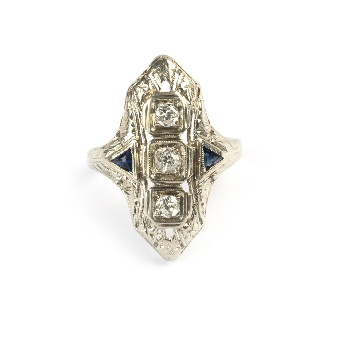 Diamond, Synthetic Sapphire, 14k White Gold Ring. (1 of 3)
