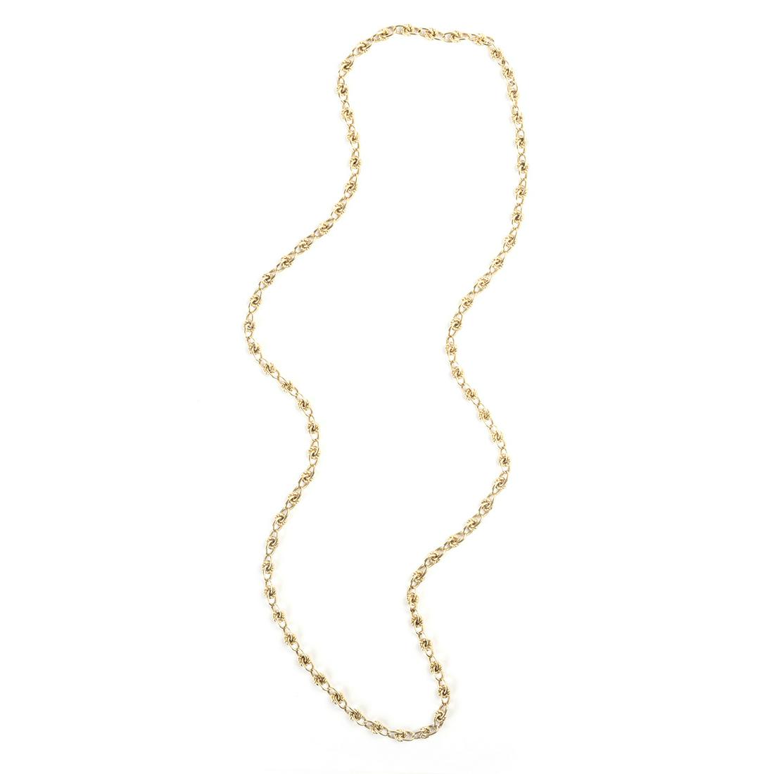 14k Yellow Gold Necklace.: 14k Yellow Gold Necklace. The spiraled circle and open oval link measuring approximately 5 mm in width, forming a continuous 30 inch necklace. {Gross Weight: 35.0 dwts}