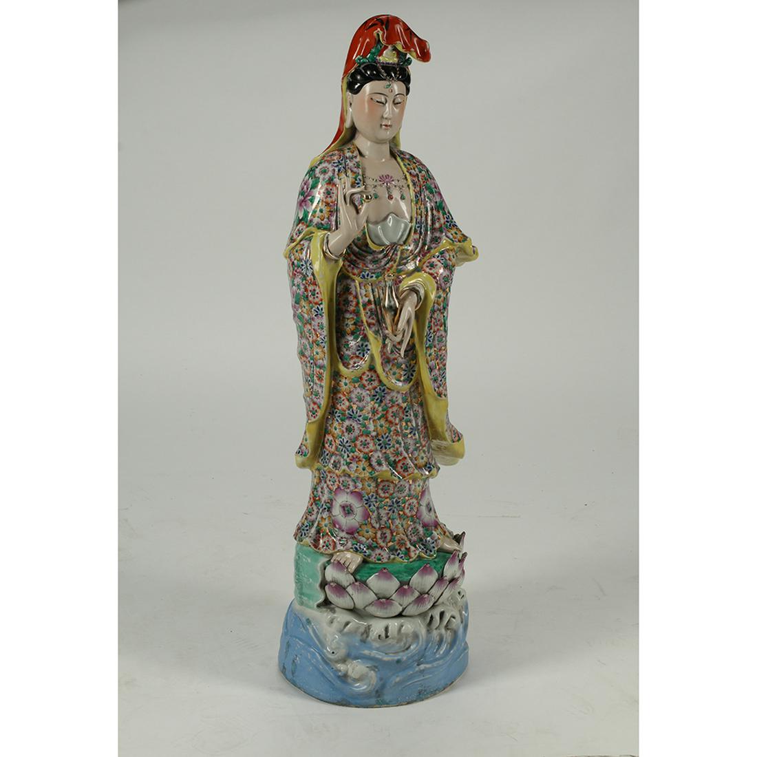 Large Chinese Polychrome Porcelain Standing Guan Yin. (1 of 3)