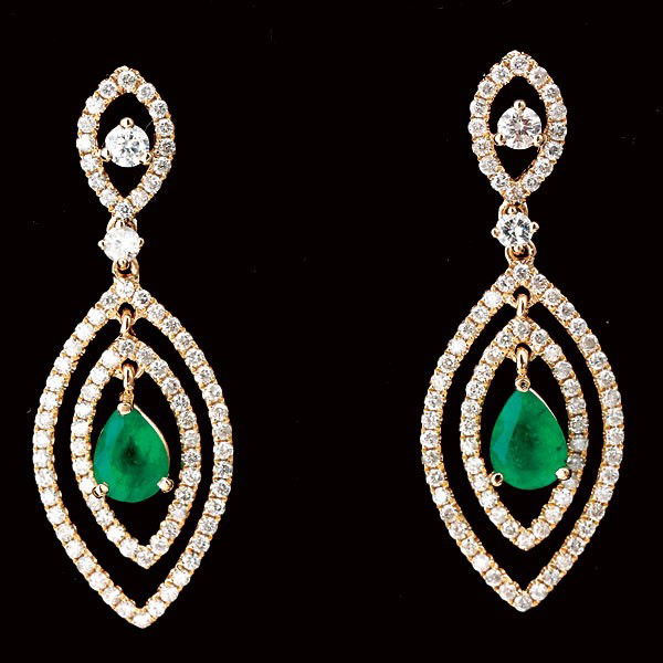PAIR OF EMERALD, DIAMOND, 14K YELLOW GOLD EARRINGS.: PAIR OF EMERALD, DIAMOND, 14K YELLOW GOLD EARRINGS. Each centers one pear-cut emerald, weighing approximately 0.75 ct., accented by eighty-two round-cut diamonds weighing a total of approximately 1.00