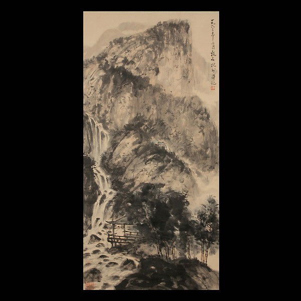 A Hanging Scroll: Listening to Waterfall: A Hanging Scroll: Listening to Waterfall, ink and color on paper, the upper right dated, bearing a signature 'Fu Baoshi,' three seals {53 x 24 1/2 inches (134.6 x 62.2 cm)}