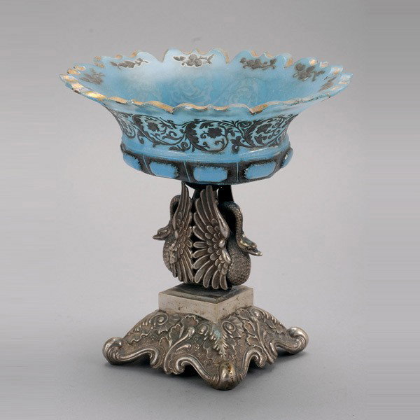 Bohemian Blue Glass Compote on Swan Base: Bohemian Blue Glass Compote on Swan Base {Height 7 3/4 inches}