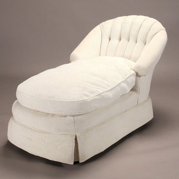 Chaise Lounge: Victorian Tufted Chaise Lounge Upholstered in White Quilted Fabric {Dimensions 34 1/2 x 48 x 30 inches} [Wear]