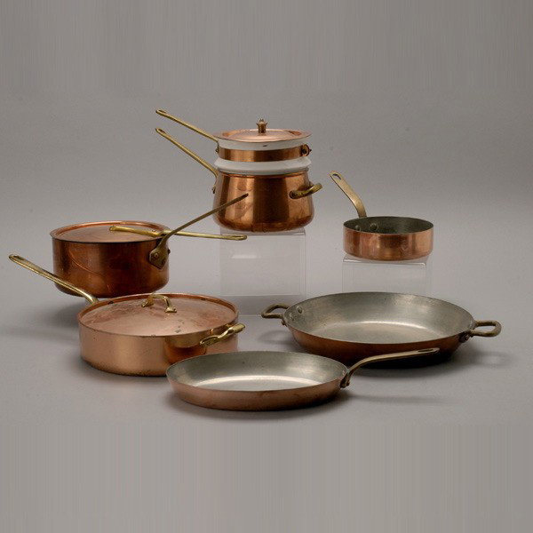Collection of French Copper Cookwares (6): Collection of French Copper Cookwares: three covered pans; two sauce pans; and a two handled serving dish (6) {Length of dish 15 1/2 inches}