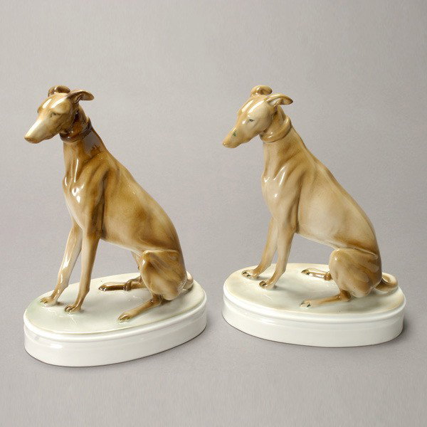 Pair of Zsolnay Porcelain Seated Greyhounds: Pair of Zsolnay Porcelain Seated Greyhounds {Height 10 inches}