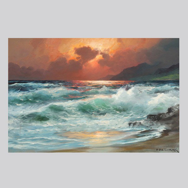 Alexander Dziguski "Waves at Sunset" Oil: ALEXANDER A. DZIGURSKI (American 1911-1995) "Crashing Waves at Sunset" Oil on canvas. 24 x 36 inches/ 61 x 91.4 centimeters. Signed lower right "A Dzigurski" Verso: Stamped "Copyright reserved by Alex