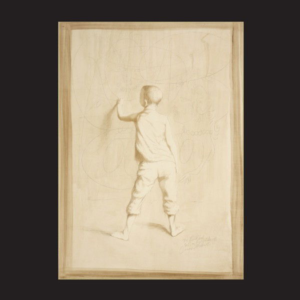 Conger Metcalf "Boy Drawing" Ink wash: CONGER METCALF (American 1914-1998) "Boy Drawing" Ink wash drawing. Sight: 41 x 29 inches/ 104.2 x 73.6 centimeters. Signed and inscribed lower right "For friend Ted with my fond best always Conger Me