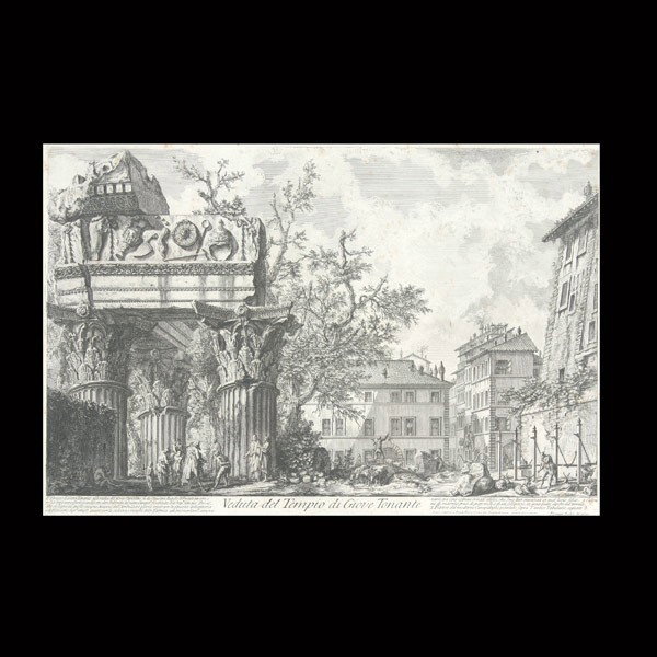 Giovani Piranesi, Architectural Engraving: GIOVANI BATTISTA PIRANESI (Italian 1720-1778) "Veduta del Tempio di Giove Tonate" Engraving on paper. Plate: 15.75 x 23.50 inches/ 40 x 59.7 centimeters. Frame: 24 x 31 inches/ 61 x 78.7 centimeters.