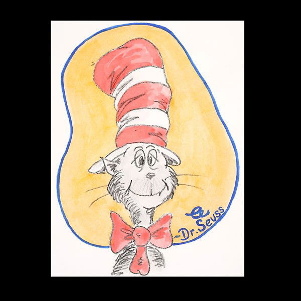 Dr Seuss "Cat in the Hat" Drawing: DR SEUSS (American 1904-1991) "Cat in the Hat" Colored pen and crayon on paper. 11 x 8.5 inches/ 27.9 x 21.7 centimeters. Signed lower right "Dr Seuss"