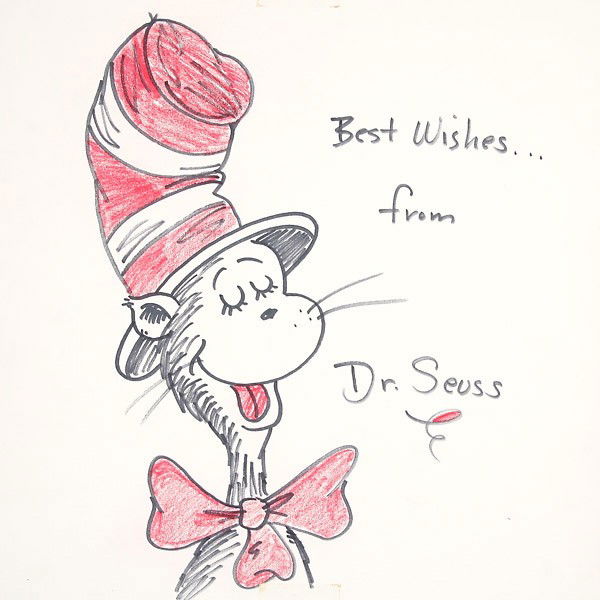 Dr Seuss "Cat in the Hat" Drawing: DR SEUSS (American 1904-1991) "Cat in the Hat" Pen and crayon on press board. 12.25 x 11.25 inches/ 31.7 x 28.6 centimeters. Signed right side "Best Wishes... from Dr Seuss"