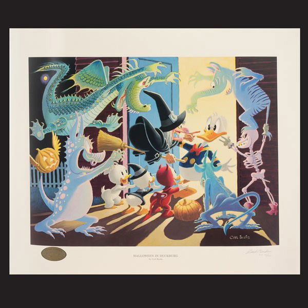 CARL BARKS, Halloween in Duckburg, Litho & Comic: CARL BARKS (American 1901-2000) "Halloween in Duckburg" Lithograph, Golden Anniversary Edition "Fifty Years of Ducks" along with Comic Book. Paper: 22 x 27/ 55.9 x 68.6 centimeters. Signed and numbere
