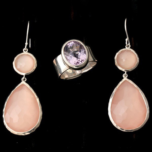 IPPOLITA QUARTZ, MOP, STERLING SILVER JEWELRY.: COLLECTION OF IPPOLITA QUARTZ, MOTHER-OF-PEARL, STERLING SILVER JEWELRY. Including one amethyst, sterling silver ring size 7, signed Ippolita; together with a apir of mother-of-pearl, rose quartz, ste