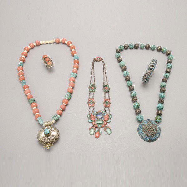 A Collection of Asian Style Jewelry: A Collection of Asian Style Jewelry*, including three beaded and stone inlaid necklaces, an enamel-decorated bangle and an inlaid coral ring, on necklace with fitted box {Longest: 18 inches (45.7 cm)}