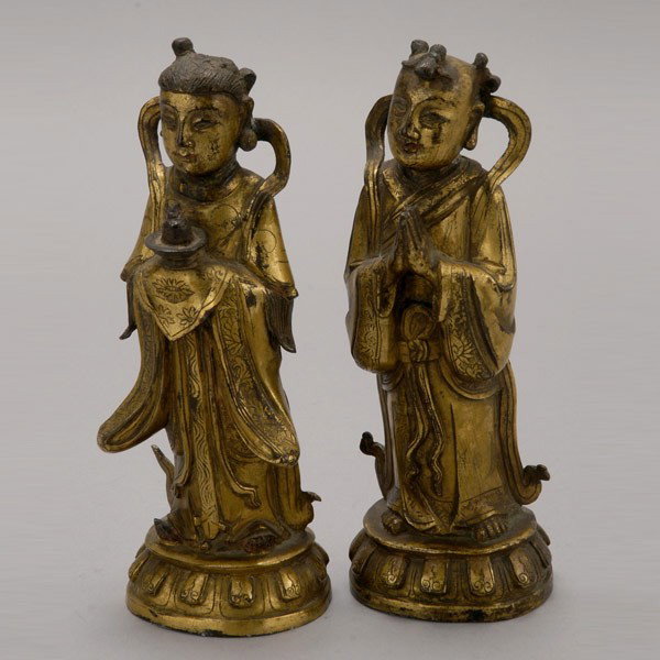 Two Gilt-Bronze Attendants: Two Gilt-Bronze Attendants {Height: 8 1/4 inches (21 cm)} [Wear to gilding, losses, soiling]
