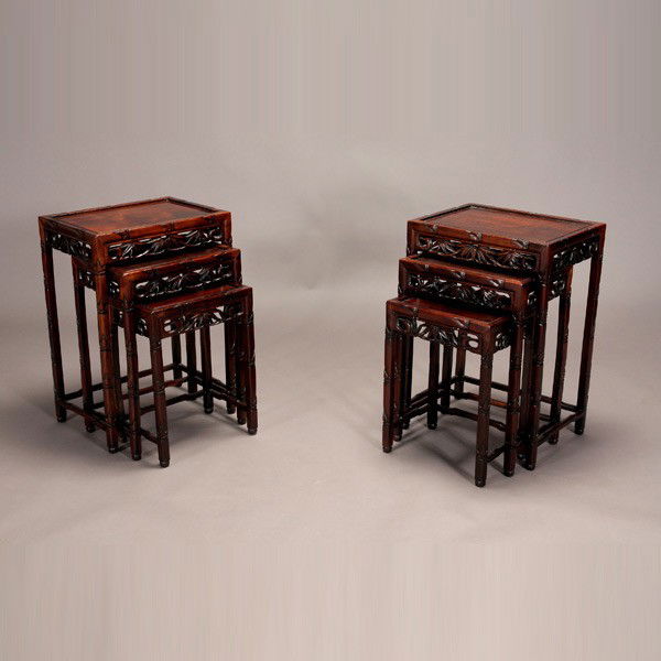 Two Sets of Carved Wood Nesting Tables: Two Sets of Carved Wood Nesting Tables {Largest: 27 1/2 x 19 x 13 1/2 inches (70 x 48.3 x 34.3 cm)}