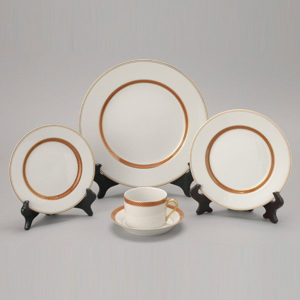 Fitz & Floyd China Partial Dinner Service: Fitz & Floyd China Partial Dinner Service in the Bordure Rouge Pattern: sixteen dinner plates (diameter 10 1/4 inches); twelve lunch plates (diameter 7 1/2 inches); twelve bread plates; twenty cups an
