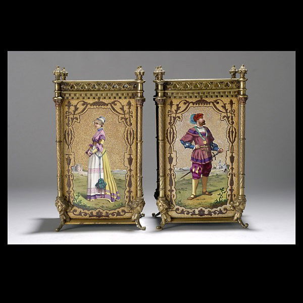 Pr Aesthetic Gilt Brass Earthenware Pocket Vases: Pair of Aesthetic Movement Gilt Metal Earthenware Pocket Vases in the Renaissance Taste, Late 19th Century, each of square cylindrical form painted with either a portrait of a male or a female landown