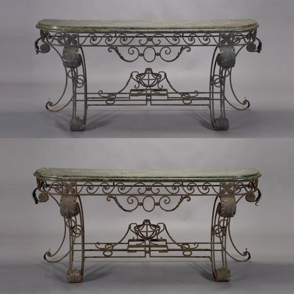 Pair of Wrought Iron Side Tables with Marble Tops: Pair of Wrought Iron Console Tables with Marble Tops {Dimensions 37 x 80 x 19 1/2 inches}