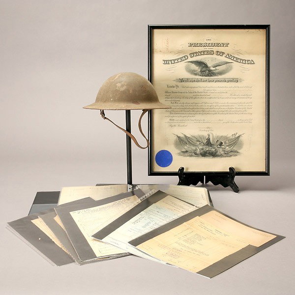 Collection of World War I Ephemera: Collection of World War I Ephemera, all belonging to supply clerk First Lieutenant Norman R. Bayor 405 Telegraph Battalion Signal Corps; including a helmet