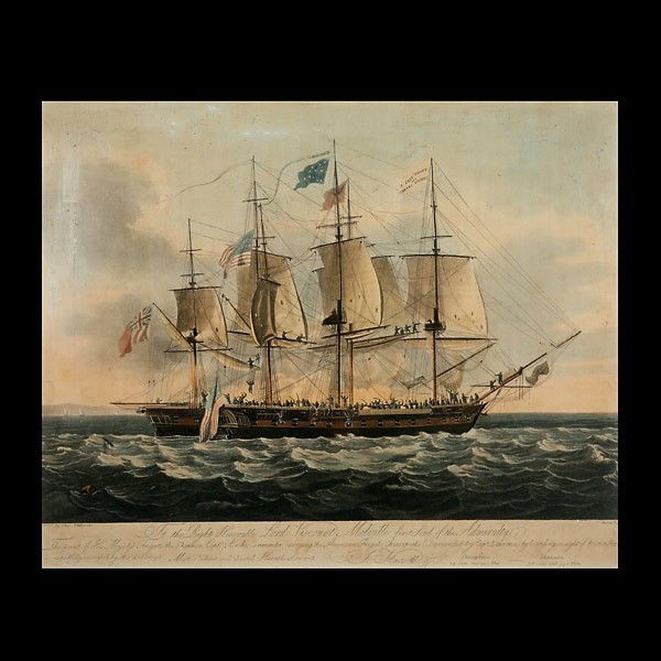 THOMAS WHITCOMBE, Color etching on paper: THOMAS WHITCOMBE (British 1760-1824) "The Battle of Chesapeake and Shannon" Color etching on paper. Image: 15 x 21 inches/ 38.1 x 53.3 centimeters. Published by Hassel and Rickards London, May 1814. F