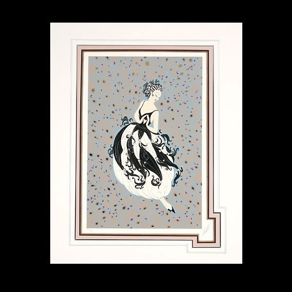 Erte "Dancing Lady" Serigraph: ROMAIN DE TIRTOFF ERTE (Russian Federation 1892-1990) "Lady Dancing" Serigraph with Embossment on paper. Image: 24 x 16 inches/ 61.5 x 40.6 centimeters. Signed lower right "Erte" Numbered lower left "