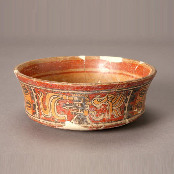 Small Ceramic Mayan Polychrome Bowl: Small Ceramic Mayan Polychrome Bowl {Height 3 inches, diameter 8 inches} [Repaired and restored]