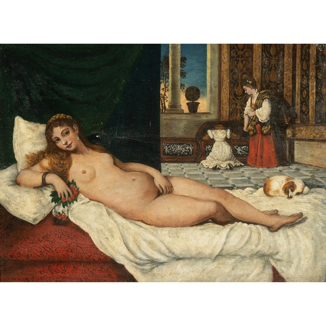 After Tiziano Titian, Venus of Urbino, oil: After TIZIANO (VECELLI) TITIAN (Italian, born Circa 1485â€“1576), "Venus of Urbino," oil on panel, (approximate dimensions - panel (sight):14 1/4 x 19 3/8 inches); unsigned. Condition: Varnish gl