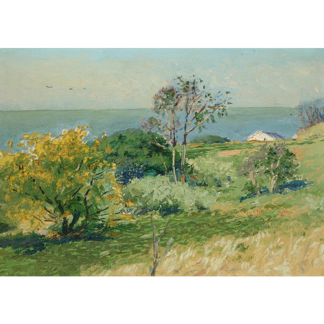 Charles Partridge Adams, Coastal, oil on board: CHARLES PARTRIDGE ADAMS (American 1858-1942), Coastal, oil on canvas board, (approximate dimensions - canvas board: 8 1/4 x 11 3/8 inches); unsigned. Provenance: From the estate of Davis Bynum, a well