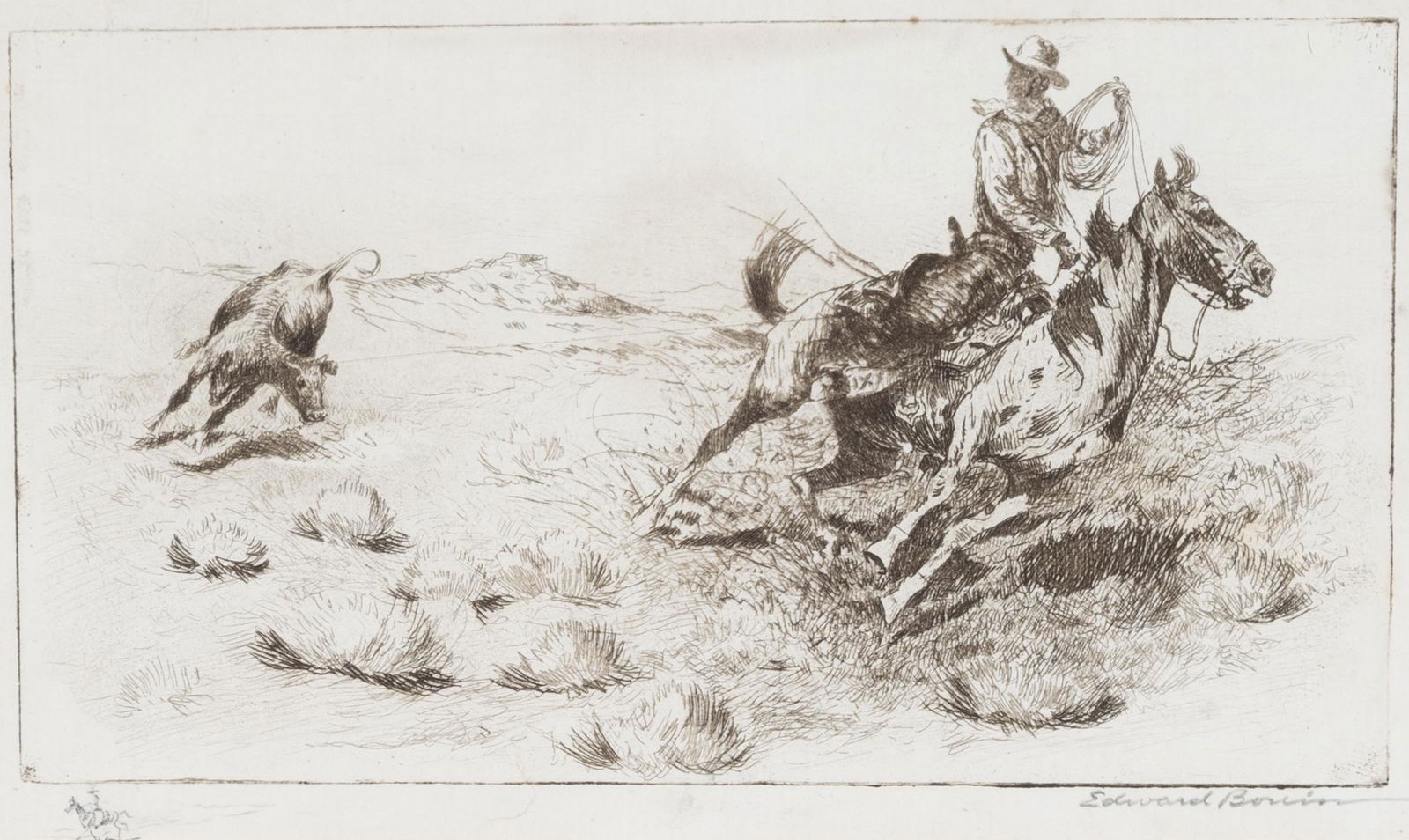 Edward Borein, Roped Steer, No. 1, etching (1 of 4)