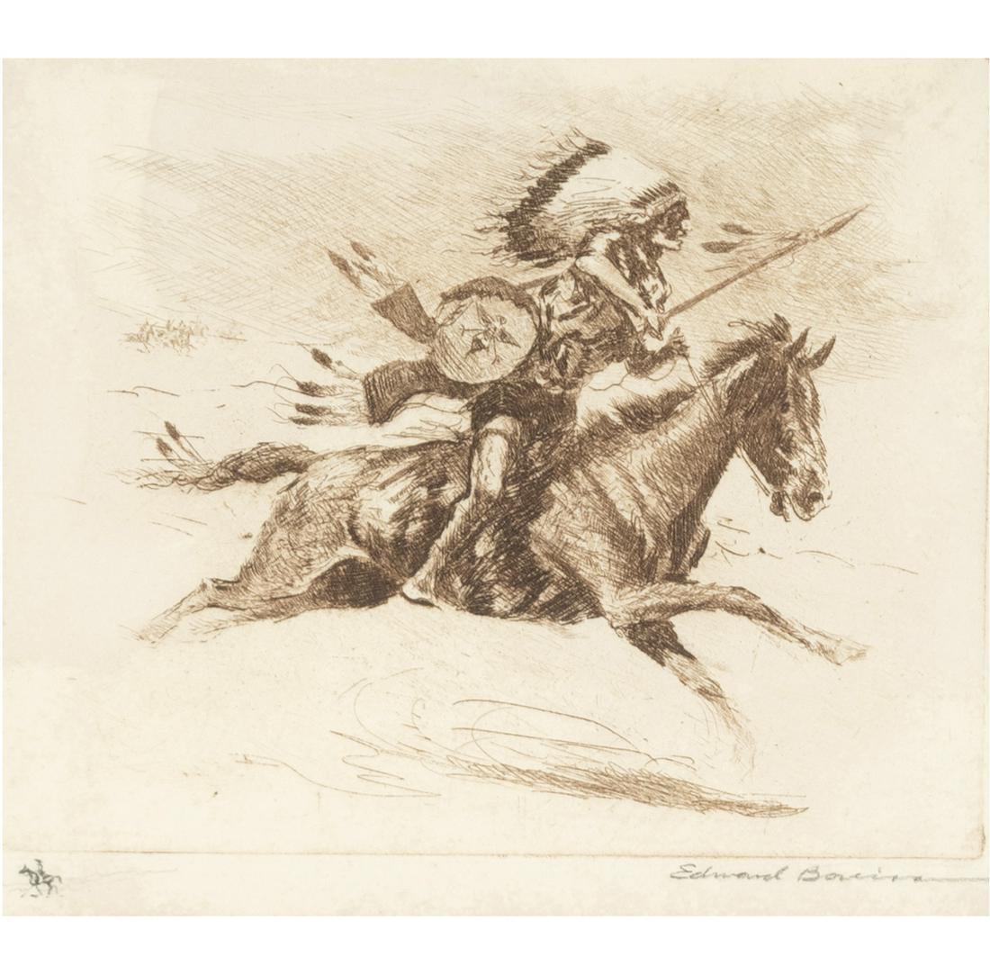 Edward Borein, Charging Hawk, etching (1 of 4)