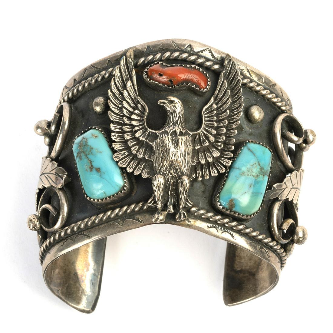 *Native American Turquoise, Coral, Silver Eagle Cuff. (1 of 3)