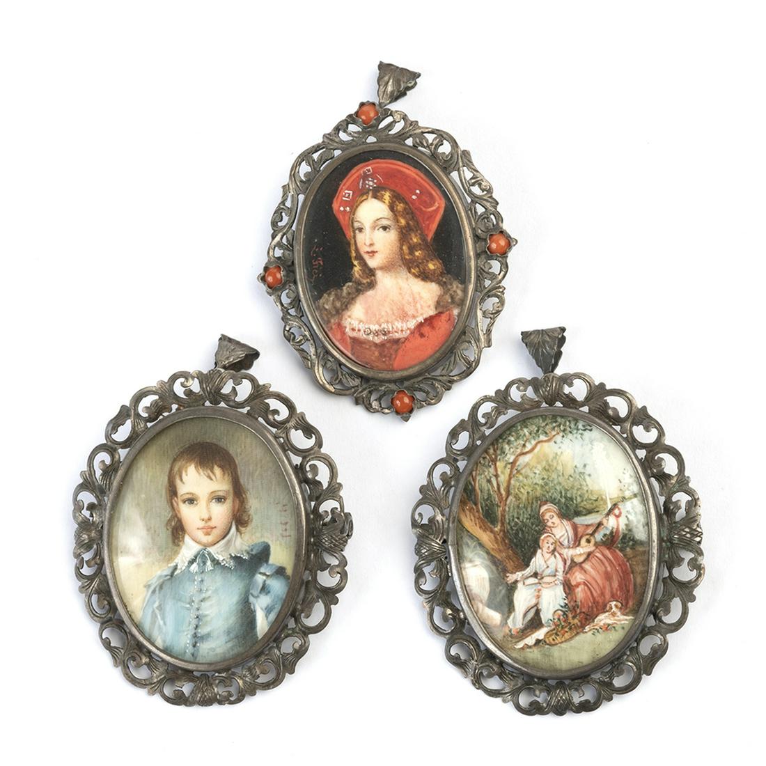 Three Painted Portrait Miniature, Silver Brooches. (1 of 3)