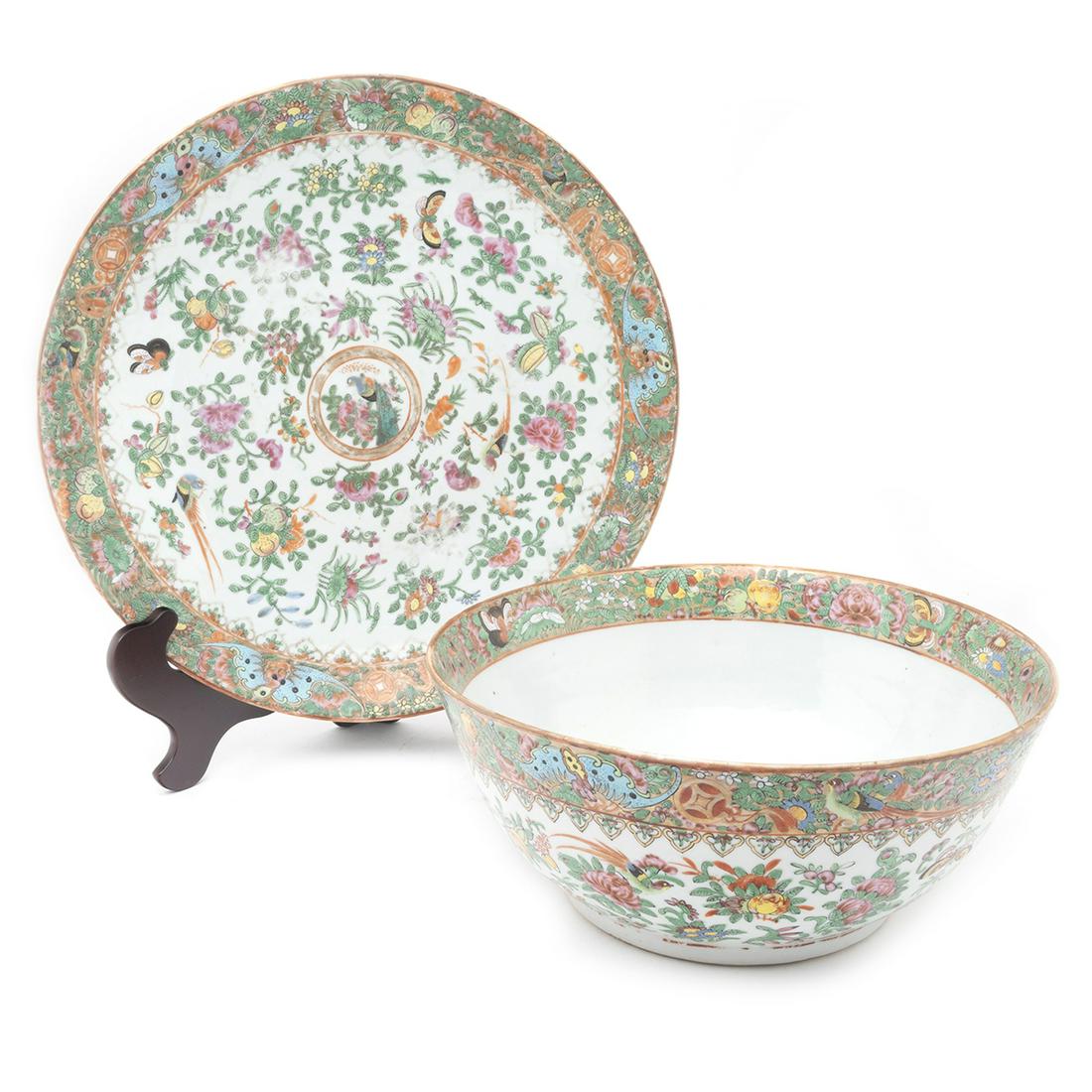 Large Chinese Canton Rose Porcelain Medallion Bowl and Plate. (1 of 4)