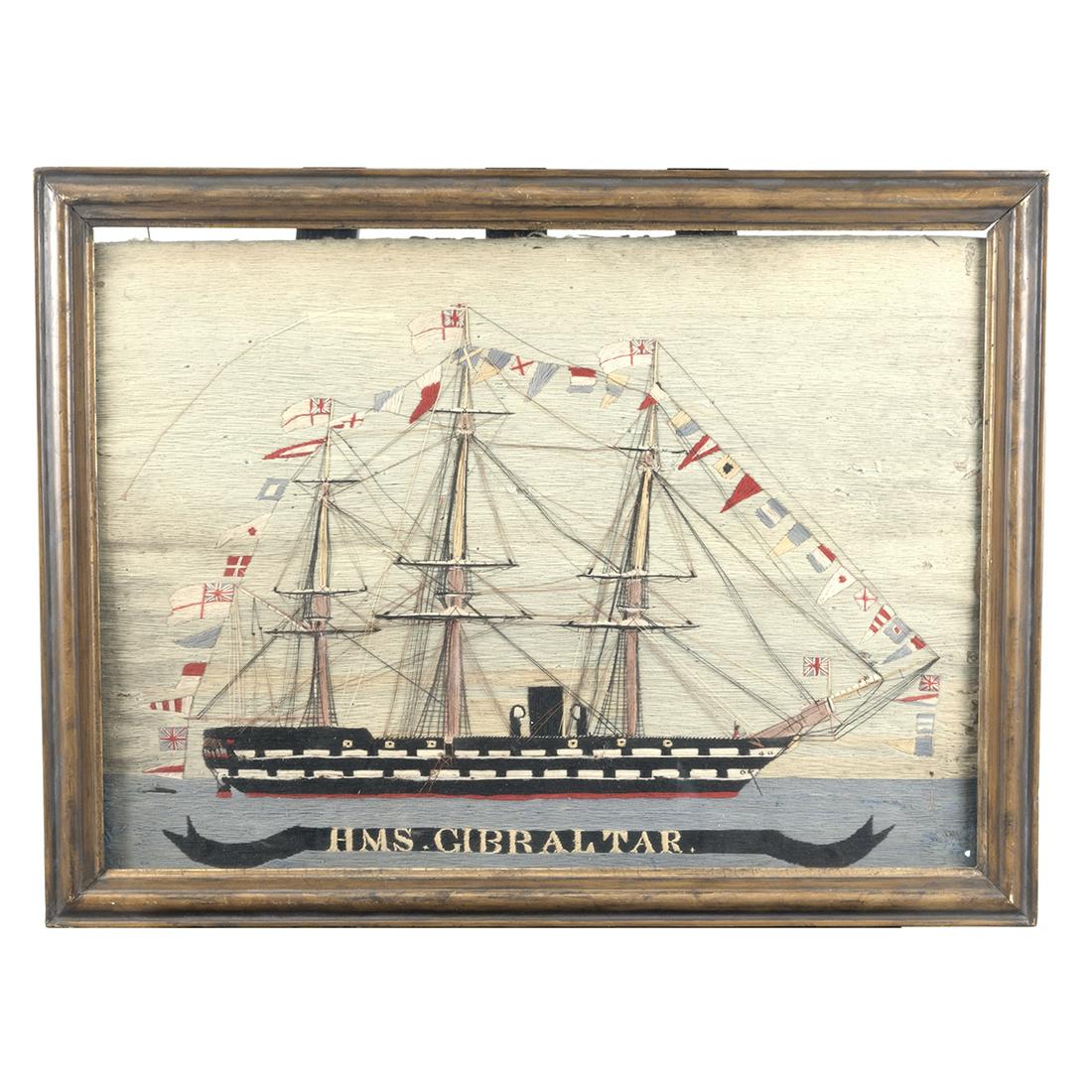 Framed 19th Nautical Century Needlework, HMS Gibraltar (1 of 1)