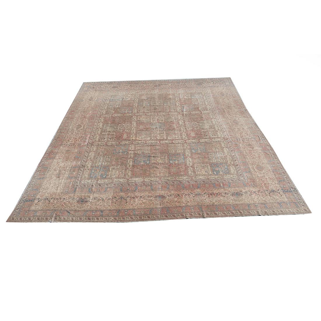 Persian Antique Massive Inscribed Carpet: Persian Antique Massive Inscribed Carpet. The central ground with paneled design, nine panels separated by Arabic script, each panel composed of smaller panels with tree motifs, some with fauna. Cream