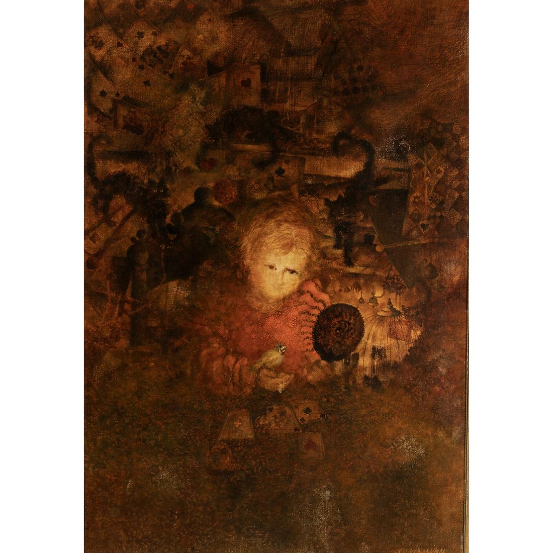 Grigory Gluckmann, Child with a Bird, oil on canvas: GRIGORY GLUCKMANN (Russian, 1898-1973), Child with a Bird, oil on canvas, (approximate dimensions - canvas: 31 x 21 inches); signed lower right, inscription on stretcher bar and frame verso. Condition