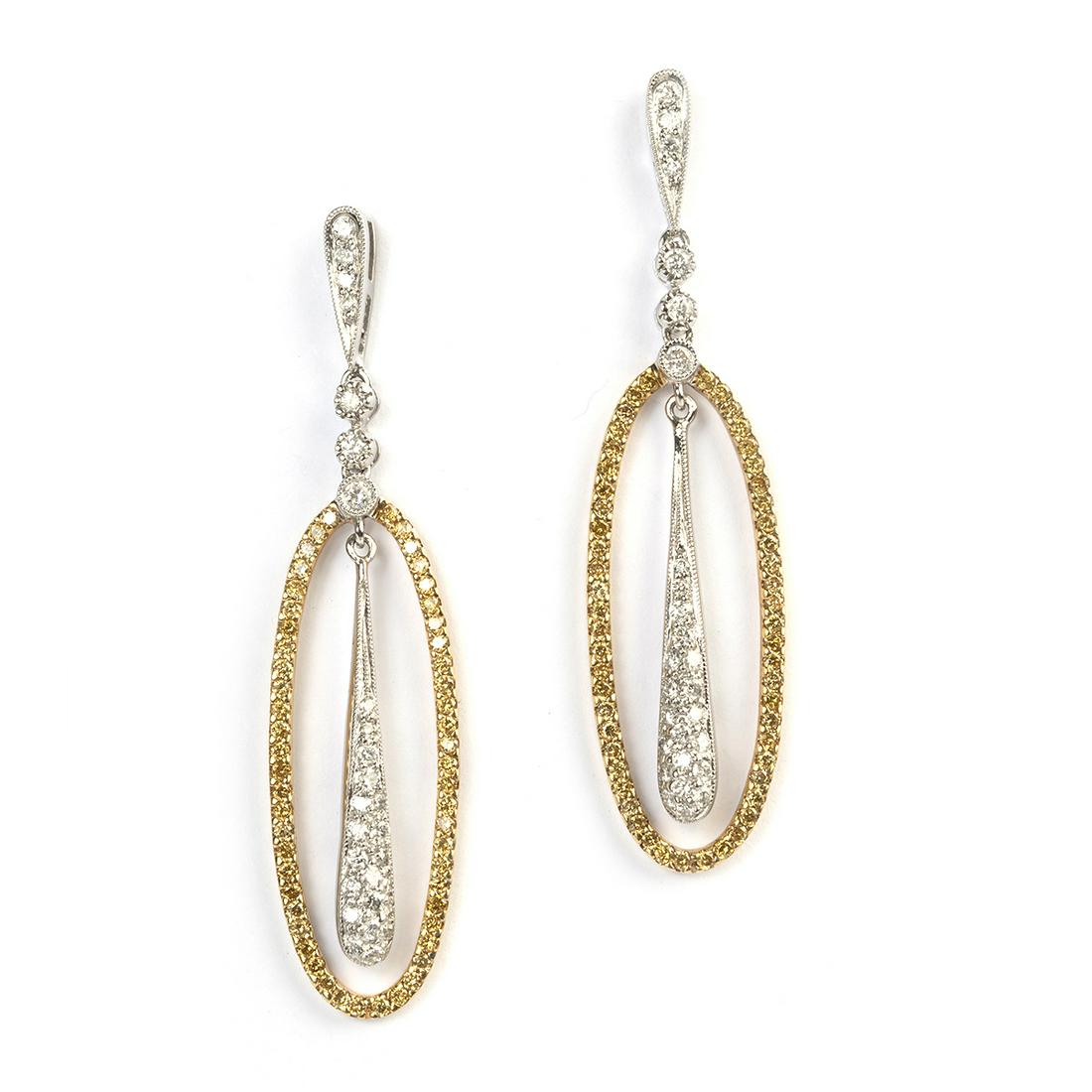 Pair of Yellow Diamond, Diamond, 14k Gold Earrings. (1 of 2)