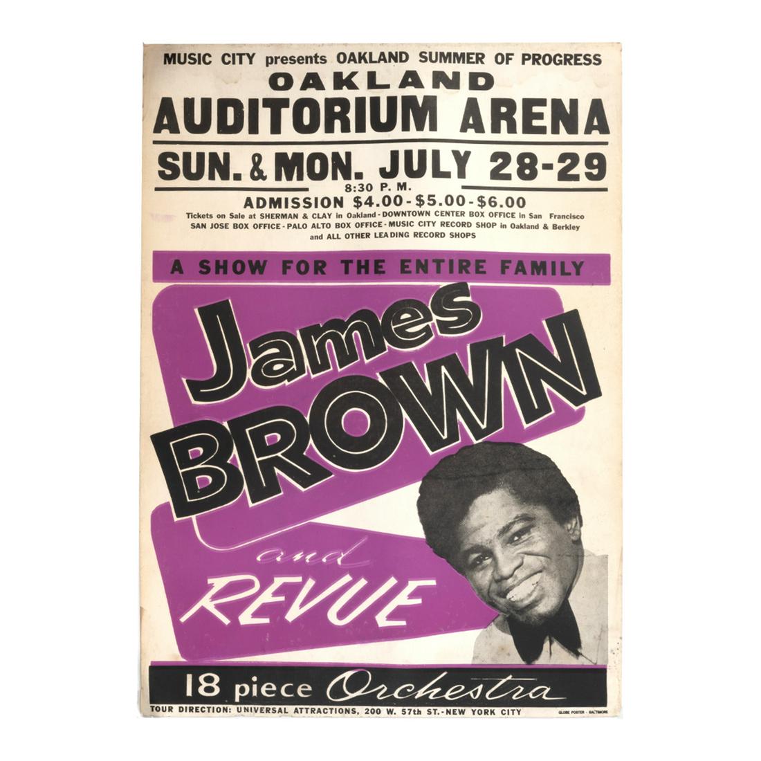 James Brown and Revue Oakland Auditorium 1960s Poster: James Brown and Revue Oakland Auditorium Arena 1960s Poster. Printed by 'GLOBE POSTER, BALTIMORE'. {Approximate dimensions: 30 7/8 tall x 22 inches wide.}._x000B_ Condition: Some creases and separatio